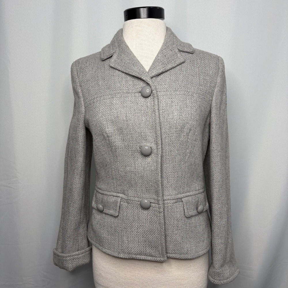 Talbots Womens Grey Wool Blend 3 Button Blazer Jacket Size 6 Textured Career